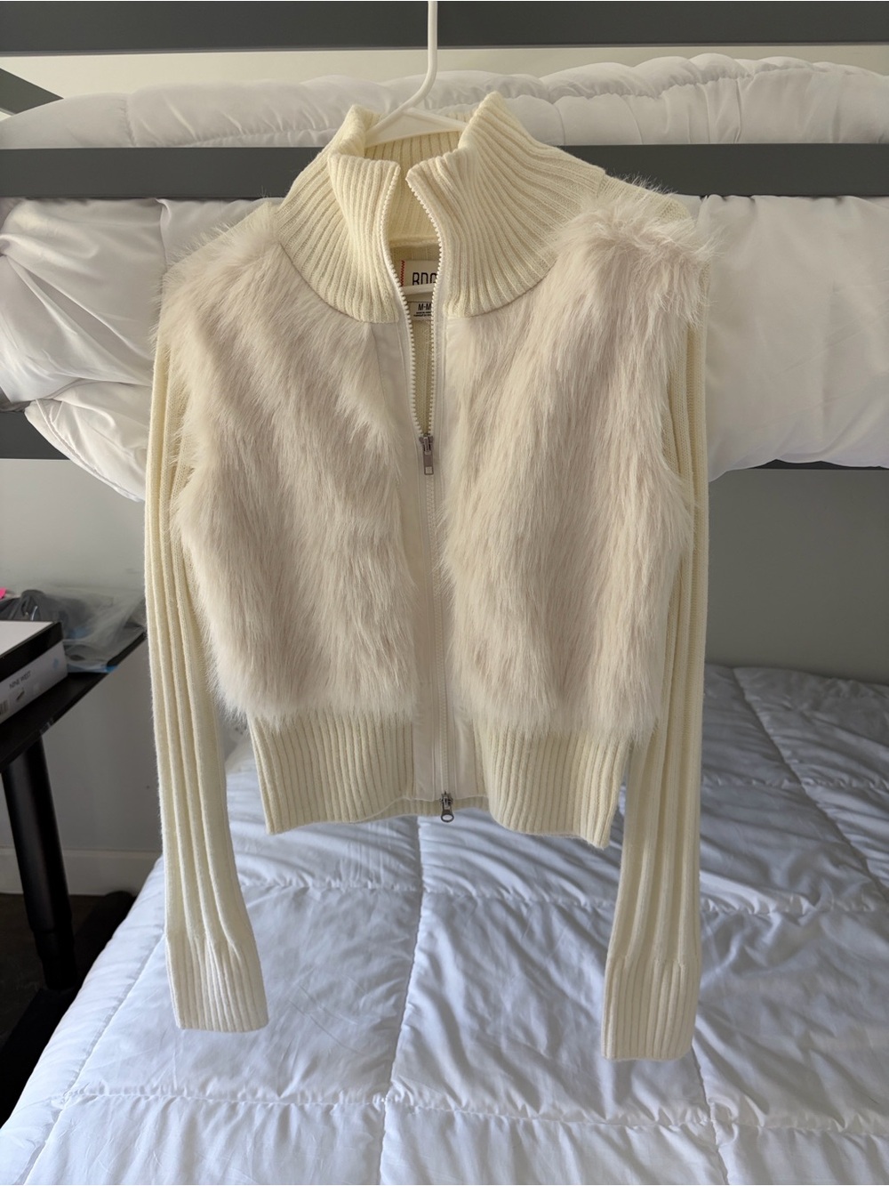PRICE DROP - BDG Cream Faux Fur Panel Zip-Front Sweater (M) - never worn; NWOT